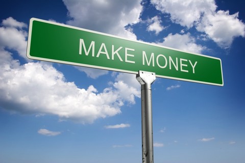 make money - Green sign, white clouds and blue sky