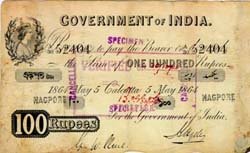 old currency, India,hundred - The first set of British India notes were the &#039;Victoria Portrait&#039; Series issued in denominations of 10, 20, 50, 100, 1000. These were unifaced, carried two language panels and were printed on hand-moulded paper manufactured at the Laverstock Paper Mills (Portals). The security features incorporated the watermark (GOVERNMENT OF INDIA, RUPEES, two signatures and wavy lines), the printed signature and the registration of the viceroy.