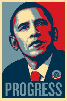 Progress in Obama - A cartoon-like image of Obama with the word PROGRESS.