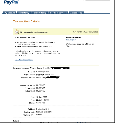 Payment Proof - JoyClick - This is the Paypal proof that I have got paid from JoyClick