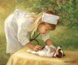 Child Playing Nurse - A child nursing a puppy