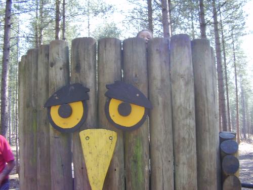 Funny face - a wooden climbing frame on the Play Trail of Moors Valley Country Park. It's near Ringwood, Bournemouth and the New Forest in the south of the UK.