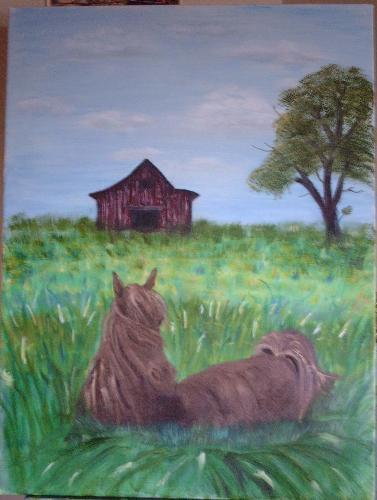 my latest  - A lady give me a picture in black and white of the horse's head and asked he to paint one in a field.So here it is.