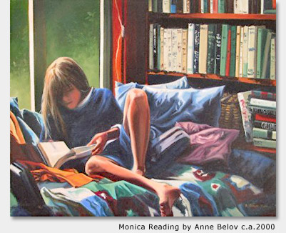 Young girl reading. - A picture of a young girl, in her room, reading, and surrounded by books.