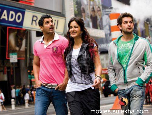New York - It is a still from the new hindi movie New York. In this photograph we find the three main characters of the movie Sam(John Abraham), Maya (Katrina Kaif) and Omar (Neil Nitin Mukesh). The three of them are best friends and enjoy life when suddenly an incident changes their lives. I suggest all you guys should watch this movie. It completely rocks and gives you a deep meaning.