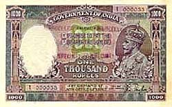 old Indian Currency,Rs.1000.00 - Regular issues of this Series carrying the portrait of George V were introduced in May, 1923 on a Ten Rupee Note. The King's Portrait Motif continued as an integral feature of all Paper Money issues of British India. Government of India continued to issue currency notes till 1935 when the Reserve Bank of India took over the functions of the Controller of Currency. These notes were issued in denominations of Rs 5, 10, 50, 100, 500, 1000, 10,000.