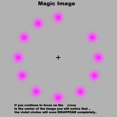 magic images - if you continue to focus on the cross + in the center of the image you will notice that 
the violet circles will soon DISAPPEAR completely