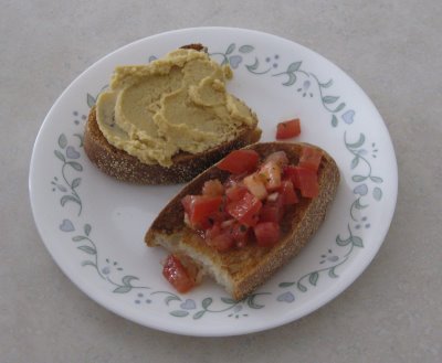 Two easy appetizers - My easy hummus spread and bruschetta from Veg on the Web.