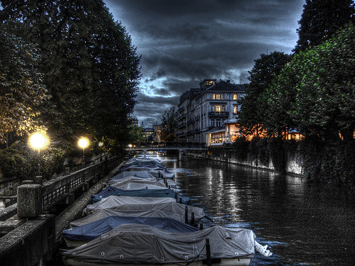 Swiss Canal - A canal in Zurich Switzerland shot at night in HDR.