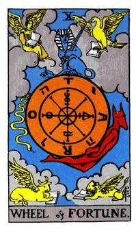 wheel tarrot card - This picture is a tarot card usually used by people who deal with what is in the future. These cards shows what is good and bad for a person. This card also shows about questions unanswered.