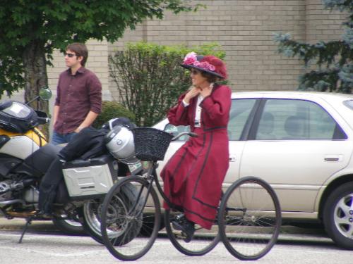 bicyclist at Wheelmen event - A woman in period costume at a national Wheelmen event