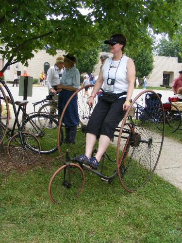 Antique Bicycle with Seat Between the Wheels - Antique bicycle at National Wheelmen event at Saint Mary-of-the-Woods, IN, on July 10, 2009.