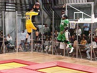 slamball... - this i a game derived from basketball. it is called slam ball and use a trampoulin to jump and can make the players do tricks with the basketball