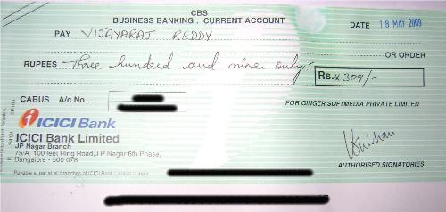 mGinger cheque - mGinger cheque photo attached