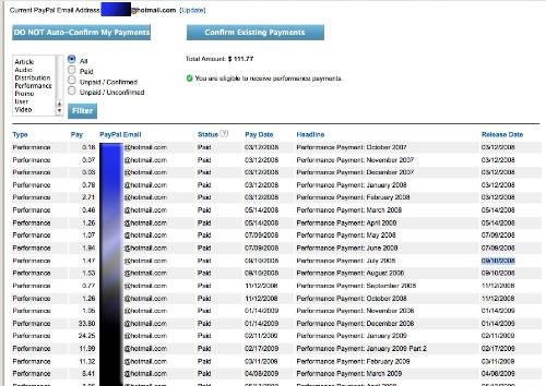 Associated Content Payment Proofs - These are my payments since I joined the site. They pay you automatically every month with no minimum. The more you send out your links and the more you socialize and post= the more you are paid. See the link in my profile