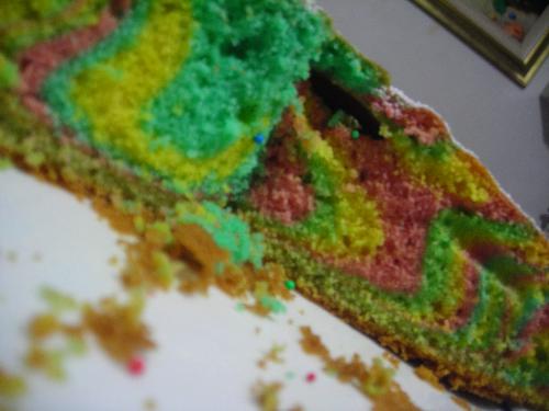 Rainbow cake - Here's a nice picture in which you can see clearly colours :) i think i've used too much green but it's anyway a nice result :D and my parents almost finished it :D