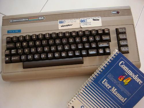 Computer - This is my first computer, the Commodore 64. It's just a keyboard which you plug into the television. It has no internal hard disk or floppy disk drives.