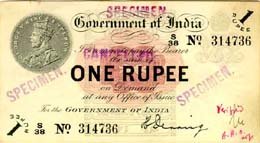 Old Indian currency - The introduction of small denomination notes in India was essentially in the realm of the exigent. Compulsions of the first World War led to the introduction of paper currency of small denominations. Rupee One was introduced on 30th November, 1917 followed by the exotic Rupees Two and Annas Eight. The issuance of these notes was discontinued on 1st January, 1926 on cost benefit considerations. These notes first carried the portrait of King George V and were the precursors of the 'King's Portrait' Series which were to follow.