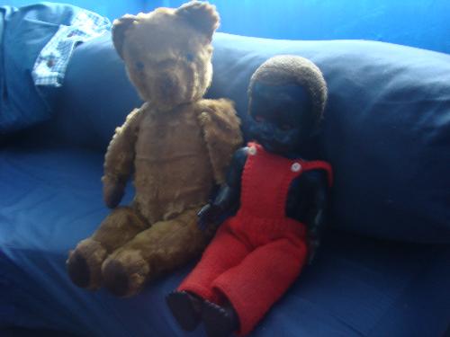 Topsy and Growler - This is my first cuddly, his name is Growler and he is with his friend Topsy. You can see they are both well loved. They were bought for me the Christmas before I was born, making them over 50 years old. Still very special though.