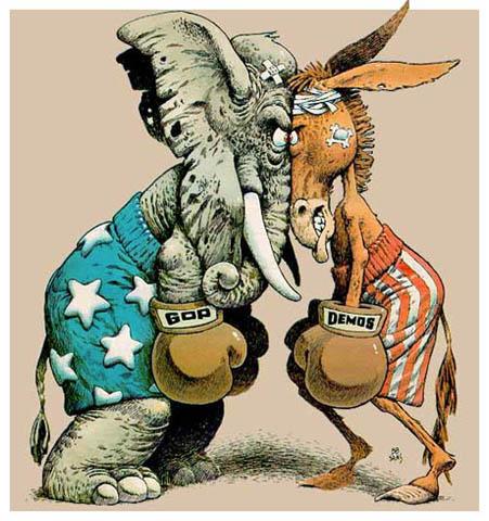 DEMO vs GOP - cartoon showing democrat and GOP icons battling