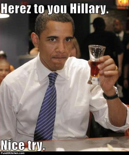 Toasting Hillary - Obama drinking and toasting Hillary