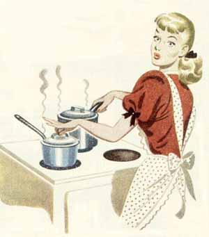 50's cooking - cartoon of a 1950s woman in the kitchen