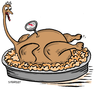 shocked turkey - a cartoon of a turkey with surprised look as it see an oven thermometer inside itself