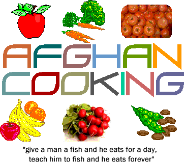 Afgan Cooking - An array of vegetables around the words 'Afgan Cooking'