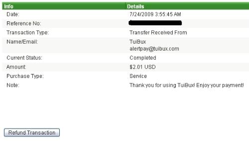 Tuibux Payment Proof - This is the screenshot of AlertPay account showing payment transaction done by Tuibux to AlertPay Account. 