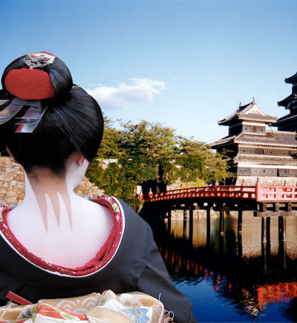 Japan - A geisha and a Japanese temple.