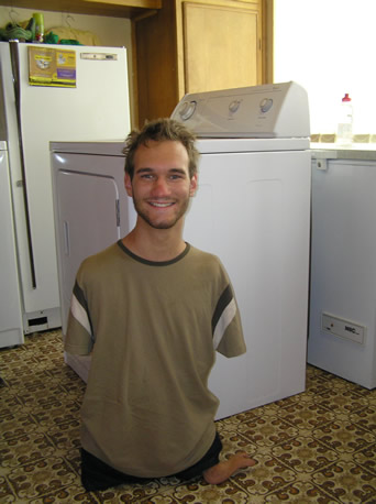 Nick Vujicic - I saw this man on youtube, he was amazing man, and a great motivator for those who feels of giving up. Can you imagine your life without limbs, without arms and legs. That's he's life since birth.