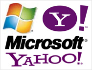 Microsoft and Yahoo partnership - Icons of Microsoft and Yahoo as a sign of their partnership for Internet Dominance.