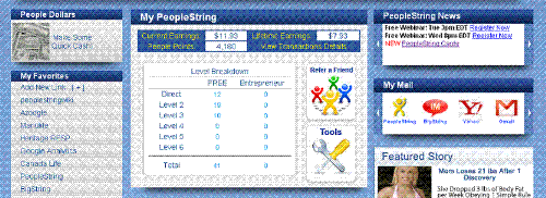 My Earning with PeopleString - As of July 29, 09, I have $11.93 sitting in my account. I've been using PeopleString email service since May 20, 09. But, I wasn't very serious. In fact, I was very skeptical about the whole thing. It took me about 10days to find more about the services and the company. I've been using more and more but nothing changed except that now I am using different email. As well, the next payment will be in about two weeks so I believe I will have more money by then. Anyway, this is the best money making program I have encountered by far. A parent company is listed in OCTBB market. I believe PeopleString will also go public before the end of the year.