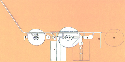 The Plan - The building of a new transportation gallery (Franz Jozef gallery) was decided in 1853, in order to facilitate the salt transportation to the surface. This gallery is 916.65m lenght. At the same time, the Terezia well was modernized by adding two side rooms to it: Ghizela and Rudolf, the latest running the extraction of the salt. Throughout that time, prisoners were never used as workers (lat.-incisoresm salium). Tha salt was brought to the surface by other workers (lat.-famuli). They used a vertical mechanical transporter. The mines were lighted by candles and tallow rush lights. Explosives were never used for exploitation nor mechanical equipment for cutting tha salt.  Turda Salt Mine ceased its activity in 1932. During the World War II the mine was used as an anti-aircraft shelter.  The microclimate is characterized by yearly variations of the temperature between 11-12 C, an average humidity of 80% the air pressure is between 747-752 mm Hg and the air's moving speed between 0.02-0.7 m/sec. All these factors, the lack of pathogen bacterium and a moderate ionization of the air have their contribution to the wellknown benefic effect over the breathing apparatus.  The mine entered the touristic circuit in 1992.     1. The extraction well room - Iosif Mine - Contemporary Art Museum    2. Dress circle - Iosif Mine    3. The octogonal room    4. The extraction well room - Rudolf Mine    5. The appeal room - The Altar - The Rich men's Stair    6. Dress circle - Terezia Mine    7. Mina Rudolf    8. Stationary room - Ghizela Mine    9. Digger's room - Ghizela Mine   10. Slopped way out to the Salt Valley   11. Anton Mine