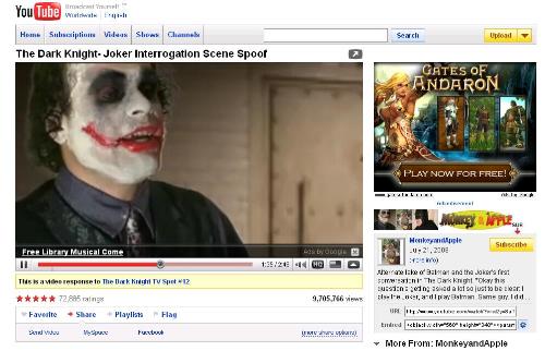 Batman and Joker video haha - It was real funny I thought it was how they just fought a little and the joker couldn't understand anything batman was saying becasue he makes everything sound like.. GGRJERJLKEJ LA haha.. well yeah you should check the video out.. haha.. =] http://www.youtube.com/watch?v=w2yv8aT0UFc