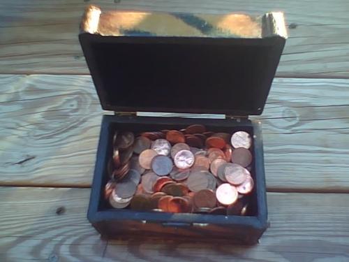 A penny saved is a penny earned !!! - Treasure chest filled with pennies.