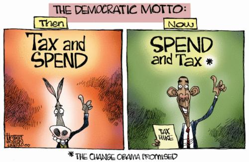 Obama's Change - As anyone can see it is not really change at all. Take, take, take, spend, spend, spend. Or rather in this case spend, spend, spend, take, take, take. In the end it amounts to the same thing.