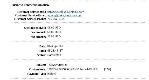 TrekPay payment proof - Got paid $ 5.92 by Trek Pay.