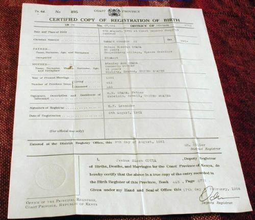 Purported Kenyan Birth Certificate - Still to be authenticated.