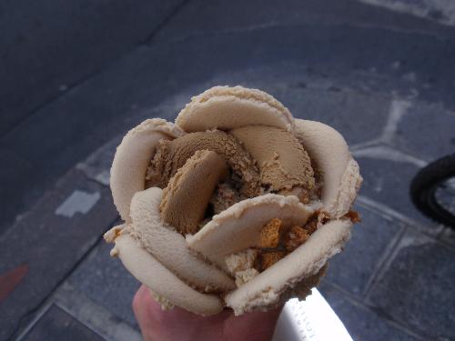 Winner - Best Presentation in an Ice Cream - This ice cream was served with such great presentation I had to take a picture of it.   It was from an Ice Cream shop in Paris. There are two flavors, coffee and biscotti and you can see little bits of biscotti on the top and inside there were 'coffee beans' made out of chocolate. It tasted amazing!  There was probably 2000 calories in this ice cream, but well worth it.