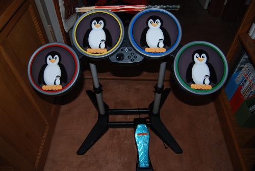 Wii Rock Band 2 Drums - Wii Rock Band 2 drums decorated with penguin skinz stickers