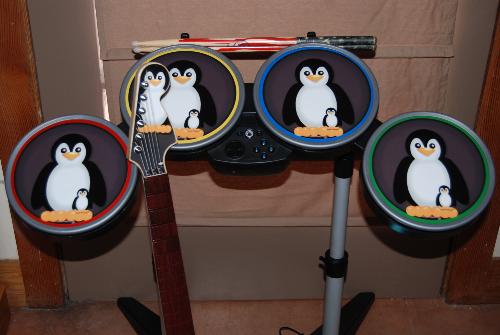 Rock Penguin Band - Guitar top and drums with penguin skinz for Rock Band 2 for Wii