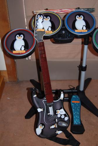 Rock Penguin Band - Rock Penguin band set up for Rock Band 2 for Wii with penguin skinz