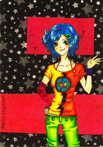 Manga - This is an example of an anime or manga character. Her name is Umi and she belongs to kokonattsu-n-cream on DeviantART. The illustration is by a 13 year old 'vampirecherriez21' also on the same website.