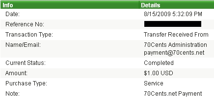 Payment Proof for 70cents.net - This is the screenshot of the payment received from 70cents.net