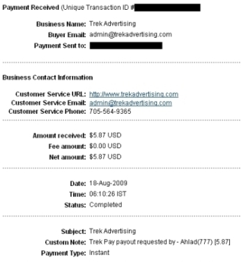 Trek Pay Payment  - This is the paypal transaction screenshot of Trek Pay Payment