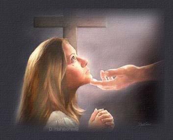Saved - I love this picture. It is simple and elegant. A young woman meeting her creator for the first time. Even though there is a cross in the background, this image could be used for any religion. I feel this will be all of us, despite our beliefs.