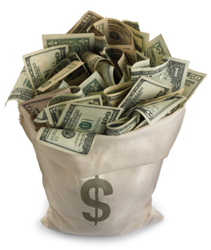 Lots and lots and lots of cash. - A picture of a sack full of cash. Full of cash bills.
