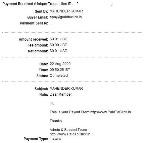 Payment Proof - This is my second payment received from www.paidtoclick.in