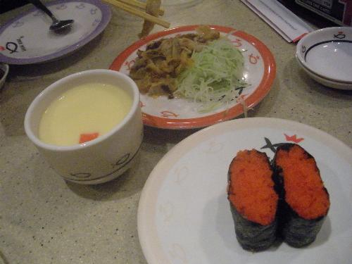 Sushi - chawanmushi, ebiko (fish roe) , chuka chinmi  Obviously shushi is a Japanese food. I love Japanese food. I ate it at the the Shushi King's restaurant. Chawanmushi is an egg custard that use the seeds of ginkgo. It is usually eaten as an appetizer. Ebiko is fish roe and chuka chinmi is scallops.